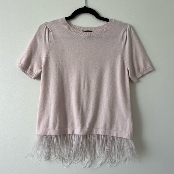 Halogen Short Sleeve Ostrich Feather Hem Sweater Light Baby Pink Size S - Picture 4 of 9